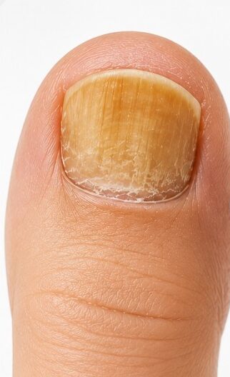 Thickened yellow toenail before FungaBeam Pen